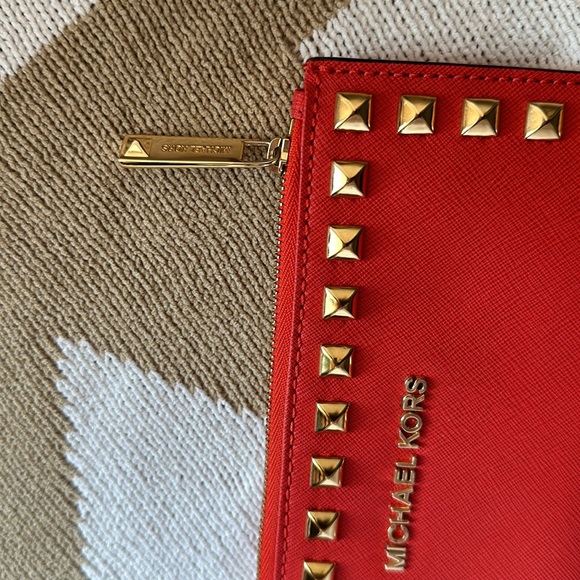 Michael Kors Studded Leather Mini Wristlet Clutch Orange color - Picture 6 of 6